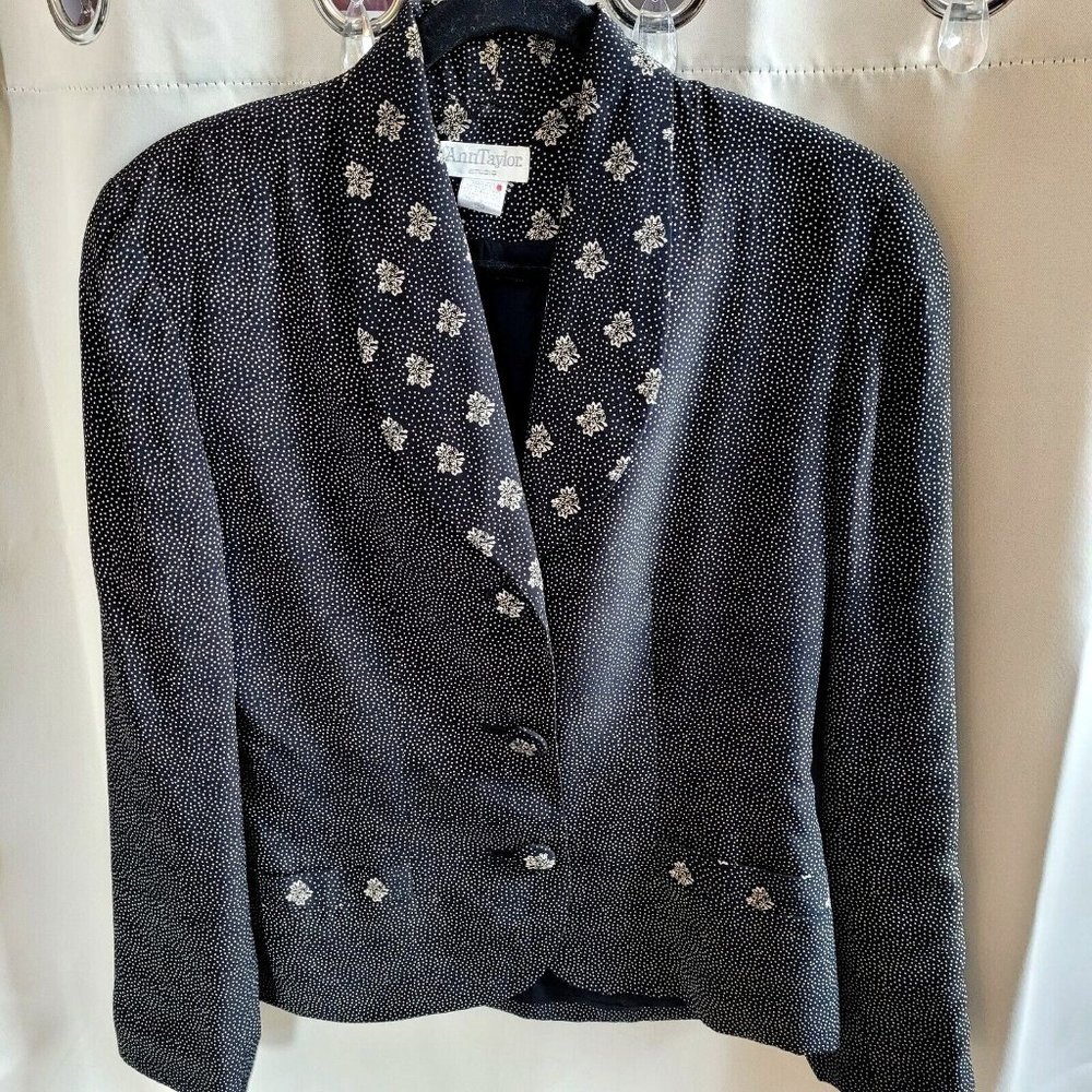 Vtg Ann Taylor Studio Blazer Black Floral 100% Silk Size 6 Lined Retro 15950